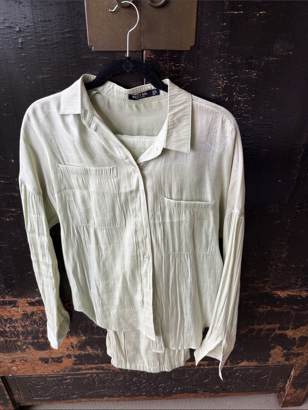 Light Sage Matching Set Button-Up Shirt and Pants- NastyGal